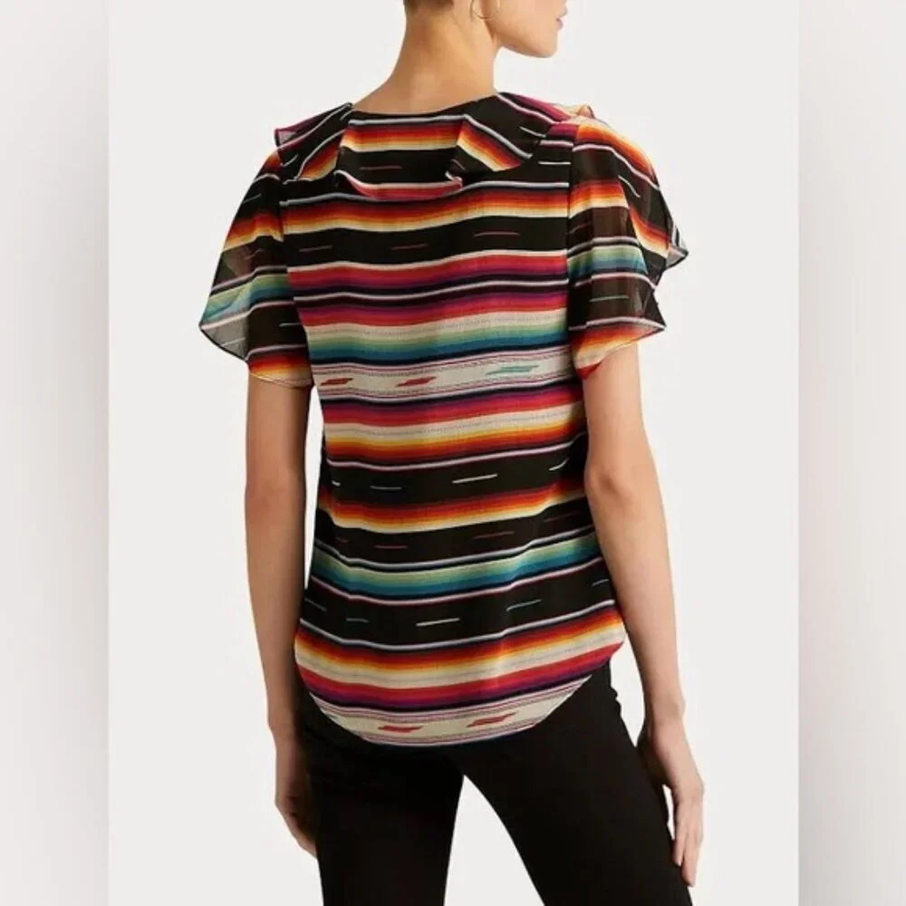 NWT LAUREN RALPH LAUREN BLACK LABEL Ruffled Neck Top Striped Flutter Sleeve Sz L